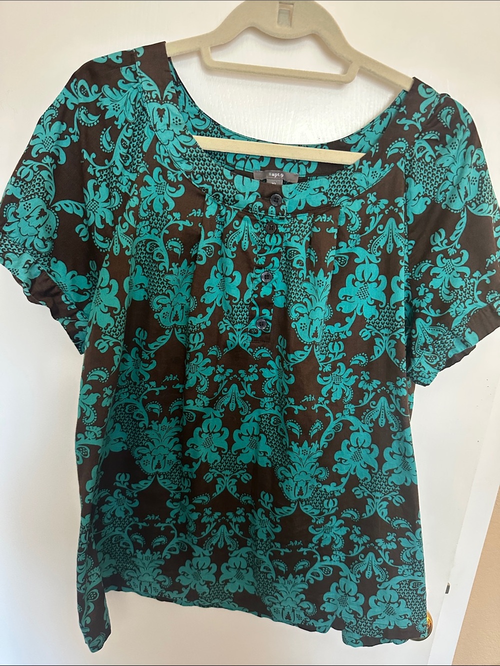 Apt. 9 Brown and Teal Floral Short-Sleeve Blouse